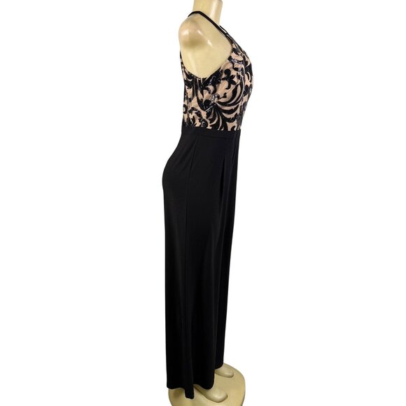 Nightway Womens Black Sequin Embellished Halter Jumpsuit Mesh Overlay Size 8 - Picture 2 of 10